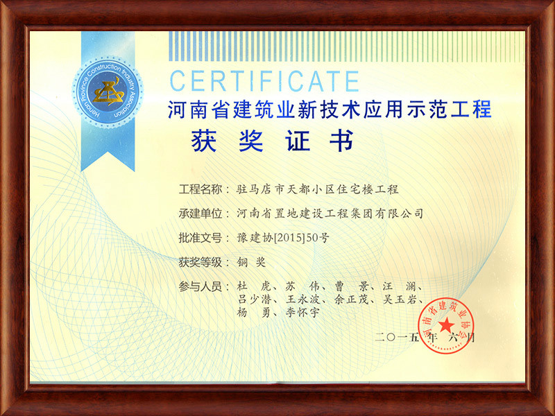2015年河南省建筑業新技術應用示范工程獎